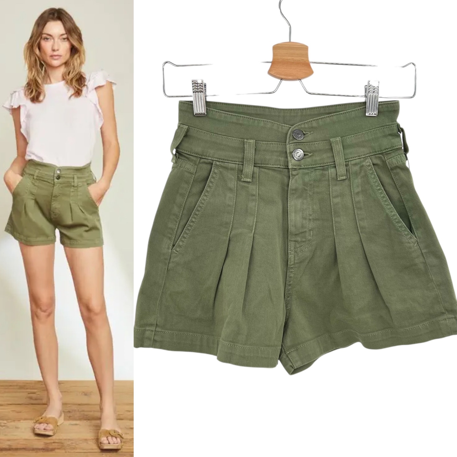 Veronica Beard New Jaylen Denim Shorts High Rise Pleated Clover Green Size 23.